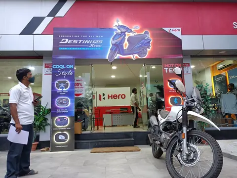 Hero two-wheeler showroom entrance with branded displays